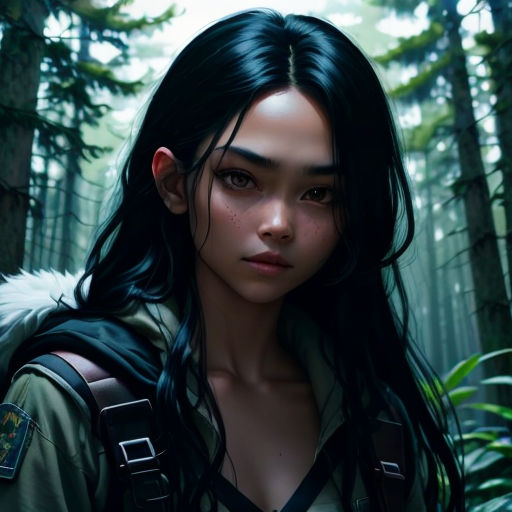 a woman with long black hair and a backpack in a forest with trees and plants behind her is staring at the camera