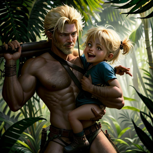 a man holding a child in a jungle with a gun in his hand and a woman holding a gun in his other hand