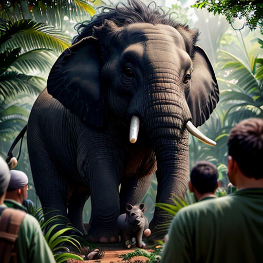 a large elephant standing in the middle of a forest with people watching it from behind it and a man standing next to it