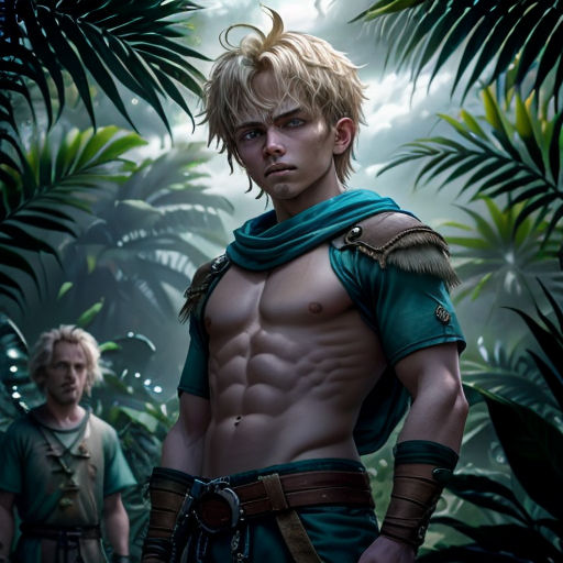 a man in a green outfit standing in front of a jungle background with a man in a green cape