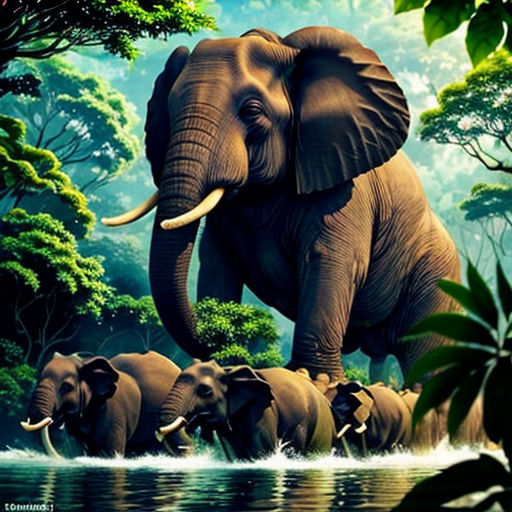 a group of elephants walking through a river surrounded by trees and bushes, with a forest background, and a blue sky