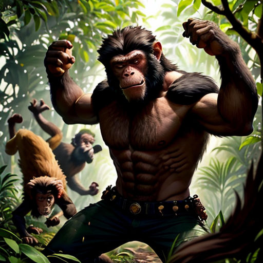 a group of gorillas in the jungle with a man holding a banana in his hand and a gorilla standing in the foreground