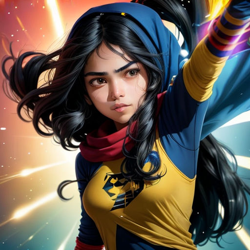 a woman in a yellow and blue shirt holding a cell phone in her hand and a star in the background