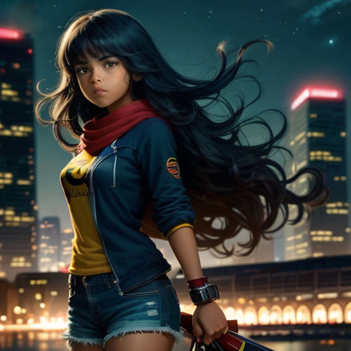 a woman with long hair and a scarf on her neck is standing in front of a city skyline at night