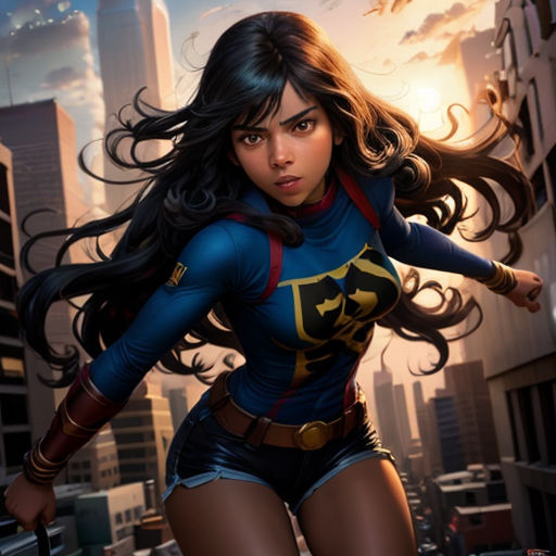 a woman in a blue and red outfit running through a city street with a bird flying overhead in the sky