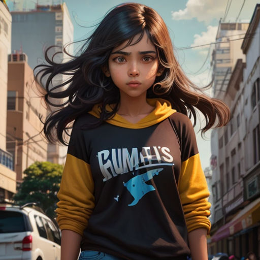 a young girl is walking down the street in a sweatshirt and jeans with a dog on it, and a car in the background