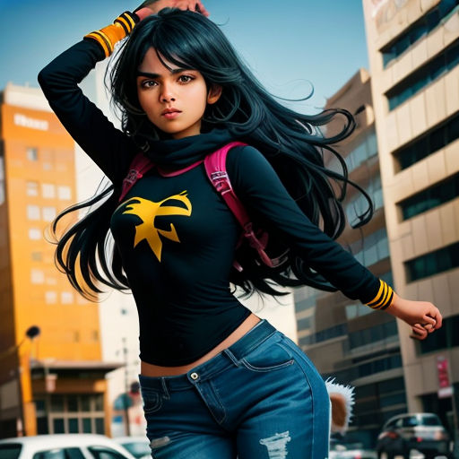 a woman in a black top and jeans posing for a picture in a city street with a backpack on her shoulder