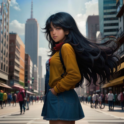 a woman with long hair standing on a street corner in a city with tall buildings and people walking around