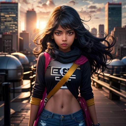 a woman with long hair and a scarf on her head is standing on a bridge with a city skyline in the background