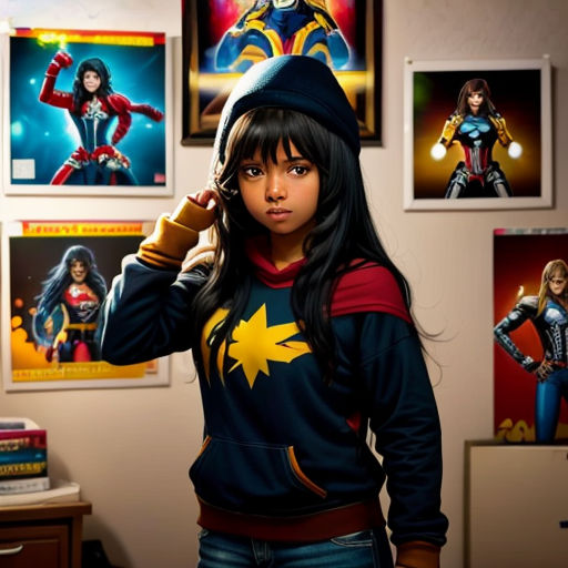 a woman in a hoodie standing in front of a wall with pictures of women on it and a phone