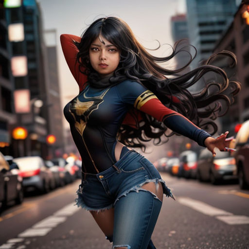 a woman in a costume is posing on the street with her arms outstretched and her hair blowing in the wind