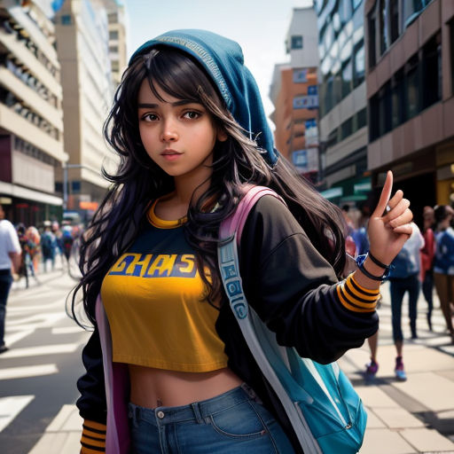 a woman with a hoodie on is standing on a street corner and pointing to the side of the street