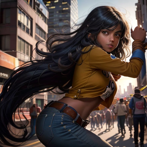a woman in a yellow shirt and jeans holding a gun in the air with a crowd of people walking behind her