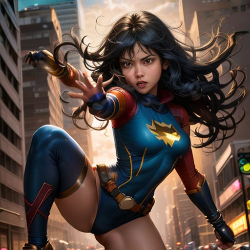 a woman in a costume is posing in the street with her arms outstretched and her legs spread out,