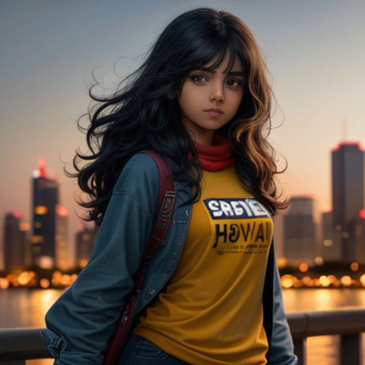 a woman standing on a bridge with a city in the background at sunset or dawn with a city skyline in the background