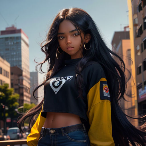 a woman with long hair standing in a city street wearing a black and yellow shirt and jeans with a black and yellow logo on the front