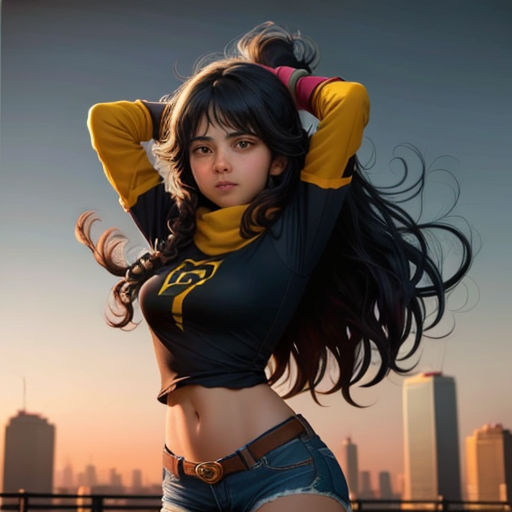 a woman in a black top and jeans posing for a picture with a city in the background and a sky line