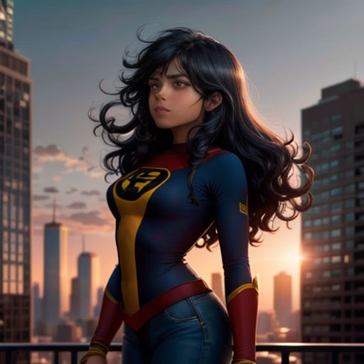 a woman in a blue and yellow outfit standing in front of a city skyline with skyscrapers and buildings