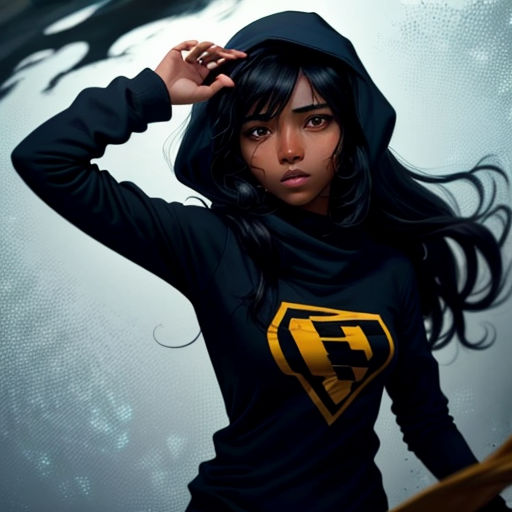 a woman in a hoodie is posing for a picture with her hands on her head and her hair in the wind
