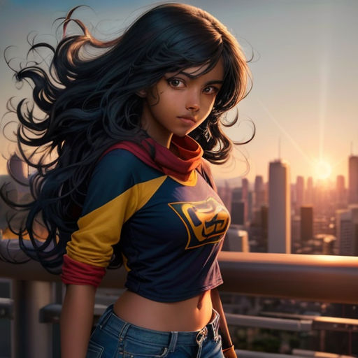 a woman with long hair standing on a balcony with a city in the background and a sunset in the background
