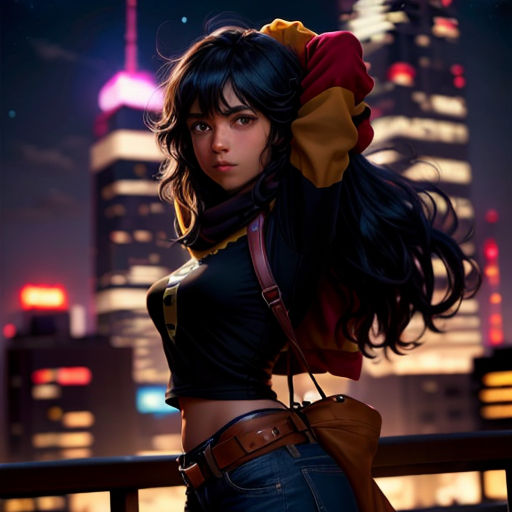 a woman with long hair and a scarf on her head standing in front of a city skyline at night