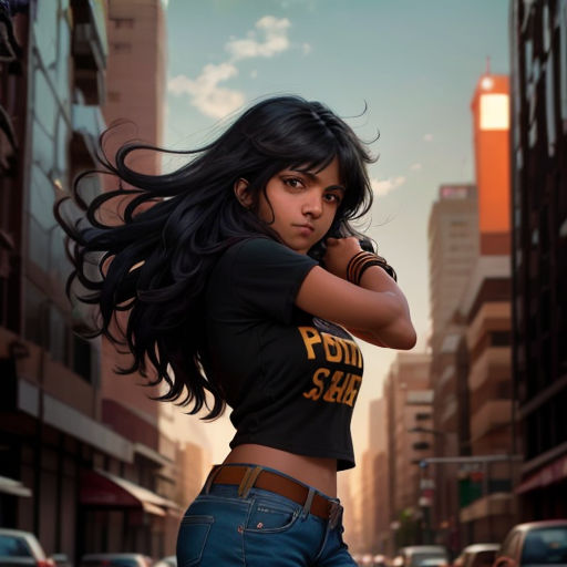 a woman with long hair standing in the middle of a street with cars and buildings in the background and a sky background