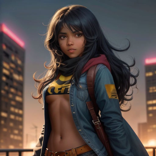 a woman with a backpack and a shirt on standing in front of a cityscape at night with a neon light