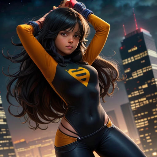 a woman in a black and yellow costume posing in front of a cityscape at night with her hands on her head