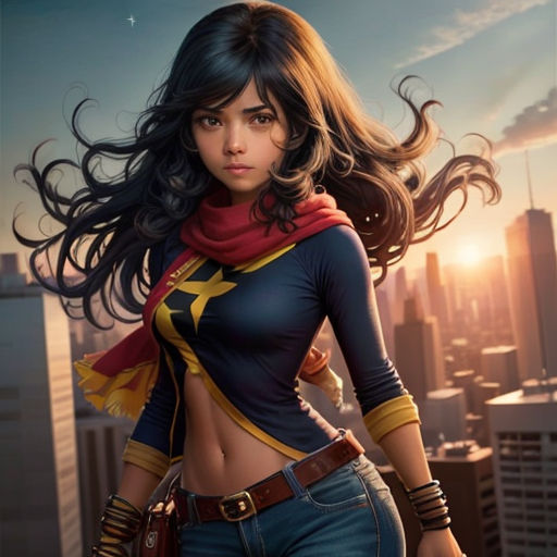 a woman in a blue top and jeans with a red scarf on her neck and a city skyline in the background