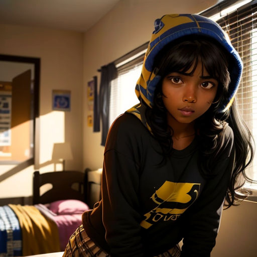 a young girl wearing a hoodie and a plaid skirt in a bedroom with a bed and window blinds