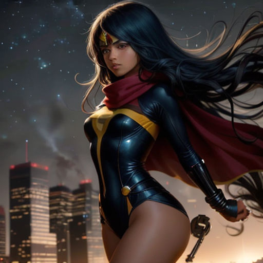 a woman in a costume with a sword in her hand and a city in the background with stars in the sky