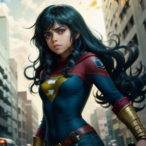 a woman in a blue and gold outfit standing in the street with her hands on her hips and looking at the camera