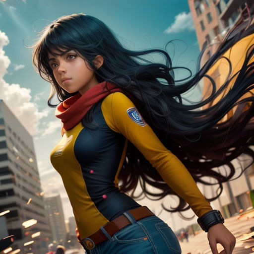 a woman with long hair and a scarf on her neck is standing in the middle of a city street