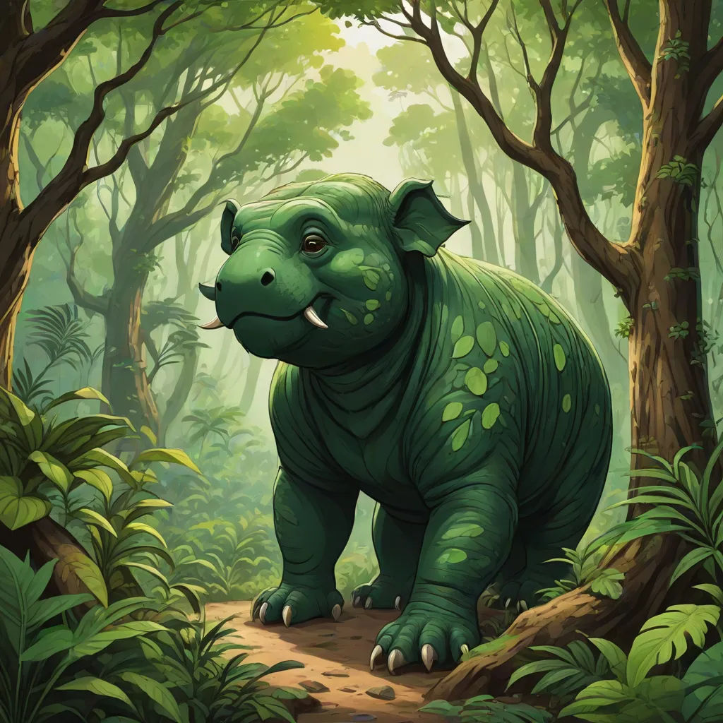 a green dinosaur standing in a forest with trees and plants around it's neck and mouth, with a large smile on its face, fantasy art, a storybook illustration, Brom, magic the gathering artwork