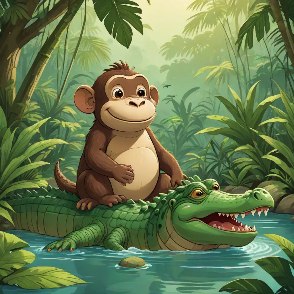 a monkey sitting on a crocodile in a jungle with a river and trees in the background illustration by alex macgrew, sots art, a storybook illustration, Diego Gisbert Llorens, storybook illustration