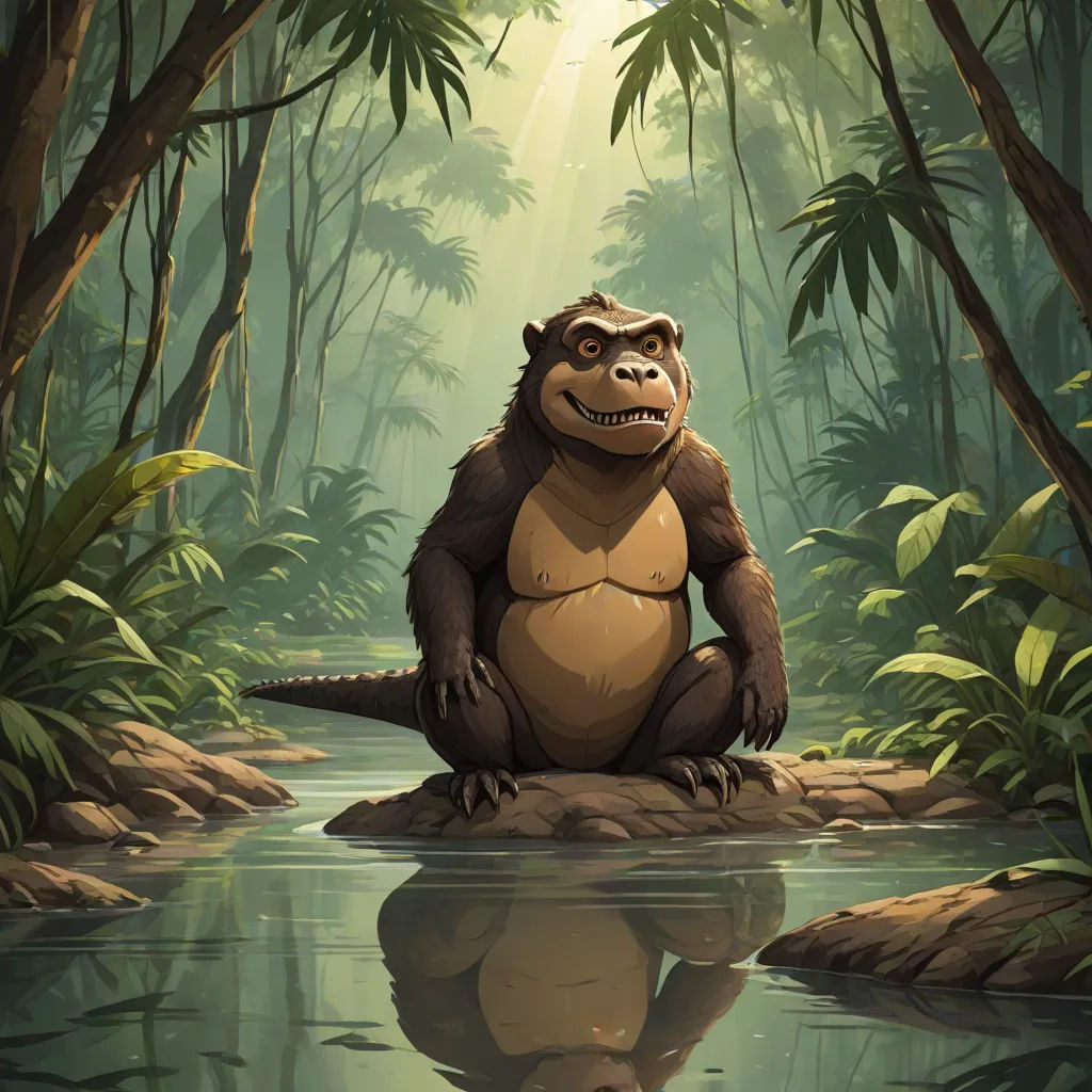 a cartoon gorilla sitting on a rock in a jungle with a river and trees in the background and sunlight streaming through the trees, sots art, a character portrait, Chris LaBrooy, official art
