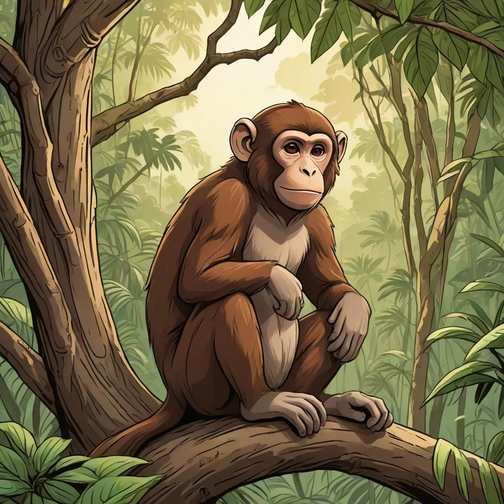 a monkey sitting on a tree branch in a jungle with a background of trees and foliage, with a sun shining through the leaves, primitivism, a character portrait, Alex Petruk APe, highly detailed digital painting