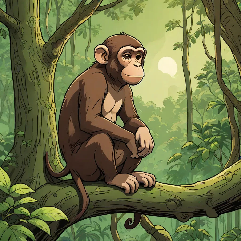 a monkey sitting on a tree branch in a jungle with a full moon in the background and a green background, primitivism, a character portrait, Diego Gisbert Llorens, jungle