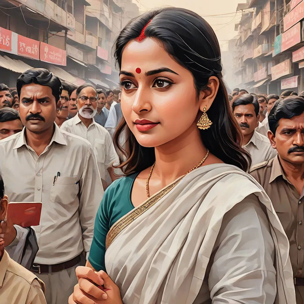 a painting of a woman in a sari and a crowd of people in the background, with a man in the foreground, socialist realism, a detailed painting, Ella Guru, highly detailed digital painting