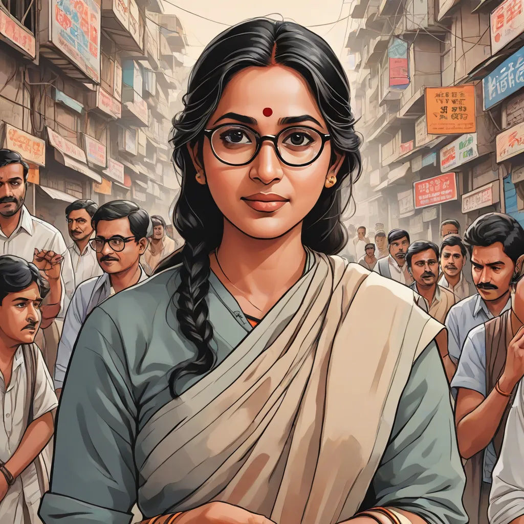 a woman in a sari standing in front of a crowd of people with glasses on her face and a man in the background, socialist realism, poster art, Ella Guru, graphic novel