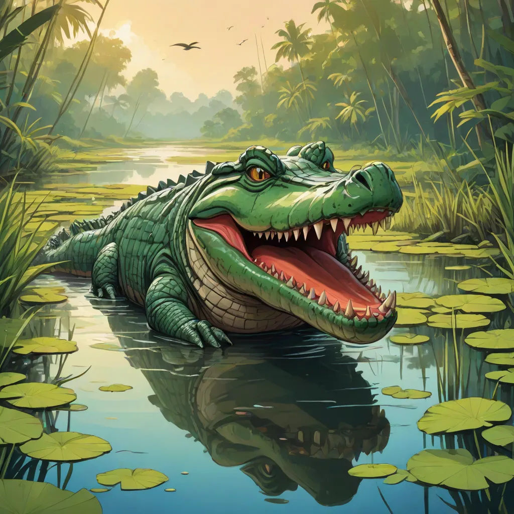 a crocodile is floating in a pond with lily pads and a bird flying overhead in the background, with a bird flying overhead, sots art, a storybook illustration, Chris LaBrooy, magic the gathering artwork