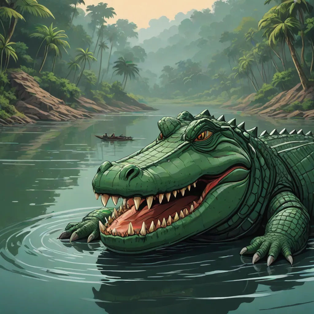 a large alligator is in the water with a boat in the background and a boat in the foreground, sumatraism, an illustration of, Chris LaBrooy, highly detailed digital painting