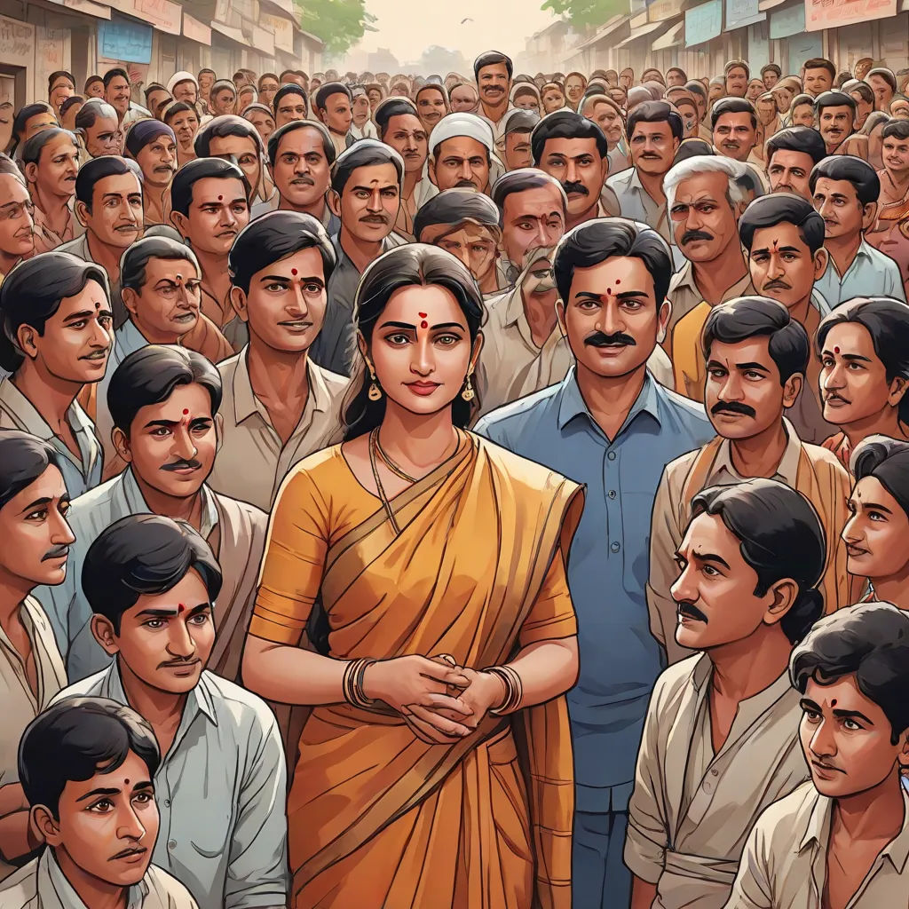 a painting of a woman standing in front of a crowd of people in india, with a man in the middle of the picture, socialist realism, poster art, Ella Guru, official art