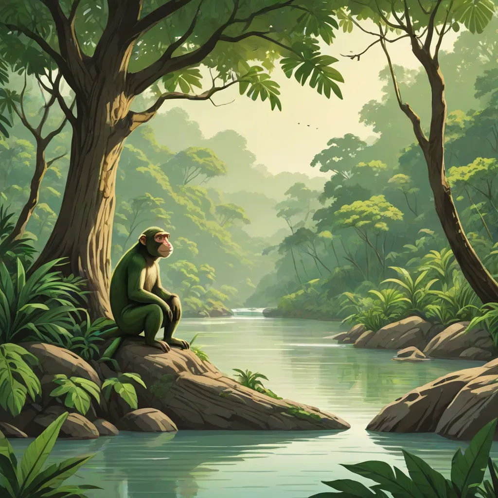 a monkey sitting on a rock in a forest next to a river and trees with green leaves on the ground, primitivism, a detailed matte painting, Chris LaBrooy, jungle