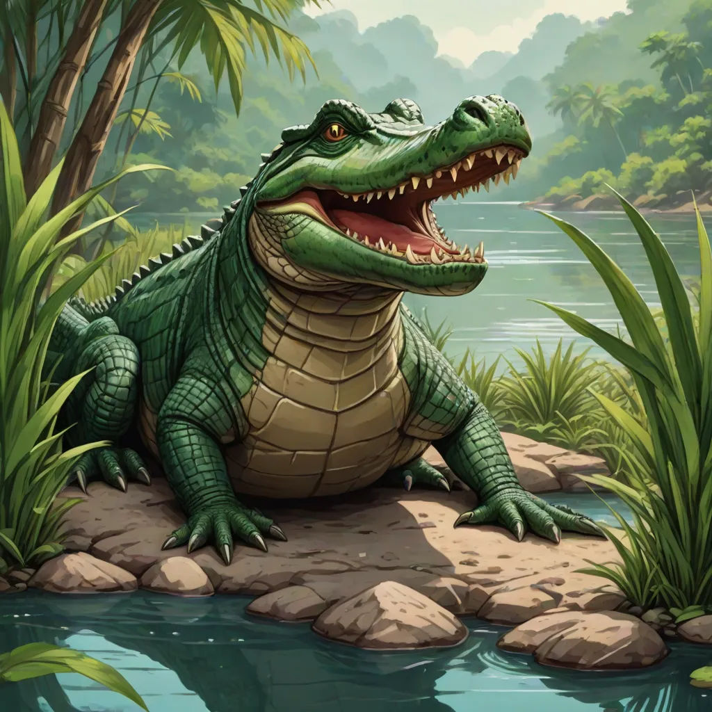 a large alligator sitting on a rock by a river with a forest in the background and a riverbank with rocks and plants, altermodern, a storybook illustration, Chris LaBrooy, magic the gathering artwork