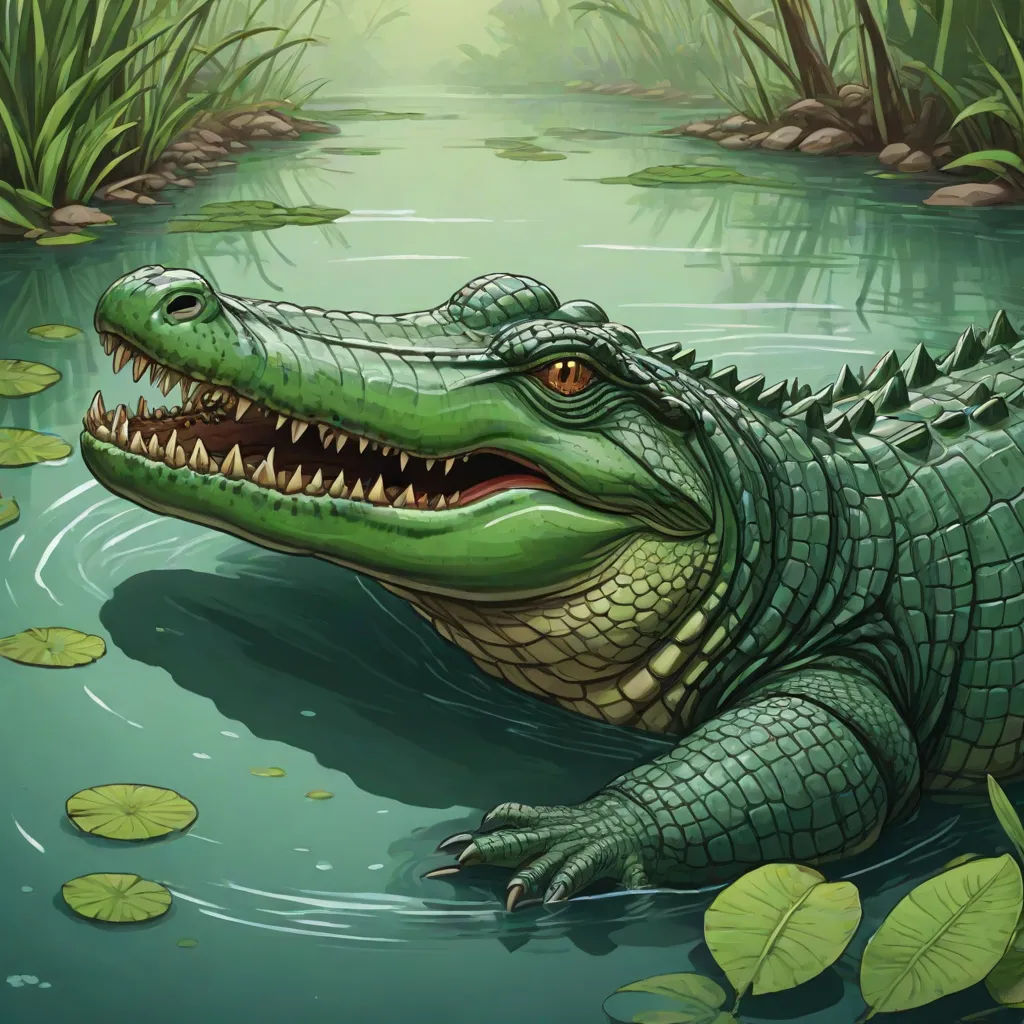 a crocodile is floating in a pond with lily pads and water lilies around it, with a green background, altermodern, an illustration of, Chris LaBrooy, highly detailed digital painting