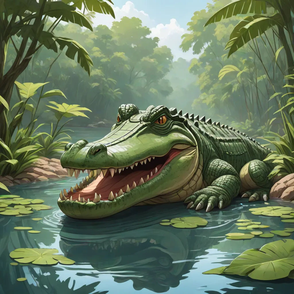 a large alligator is floating in a pond of water with lily pads on the ground and trees in the background, sots art, a storybook illustration, Chris LaBrooy, magic the gathering artwork