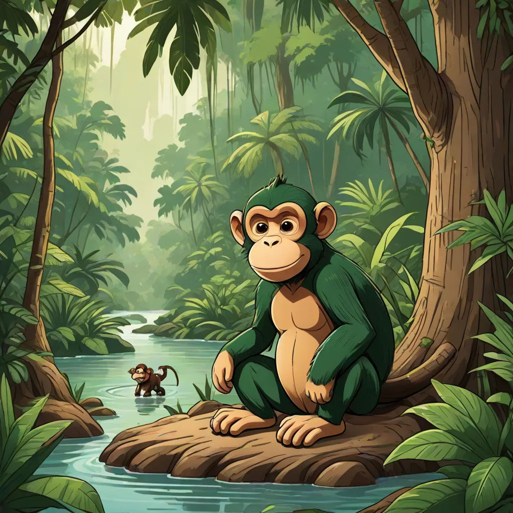 a monkey sitting on a rock in a jungle with a monkey in the background and a river running through it, primitivism, a storybook illustration, Chris LaBrooy, jungle