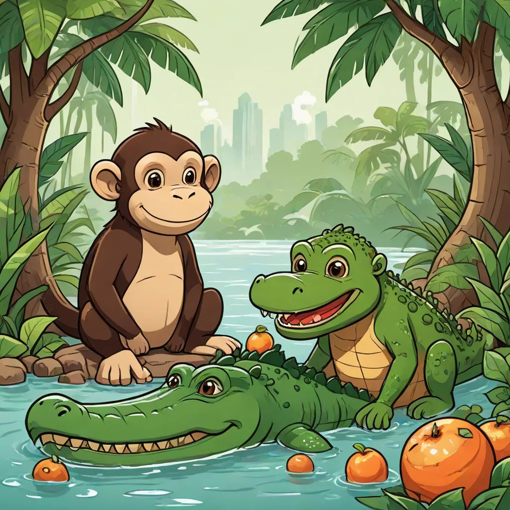 a monkey and a crocodile in the jungle with oranges and palm trees around them illustration by alex krawc, primitivism, a storybook illustration, Diego Gisbert Llorens, storybook illustration
