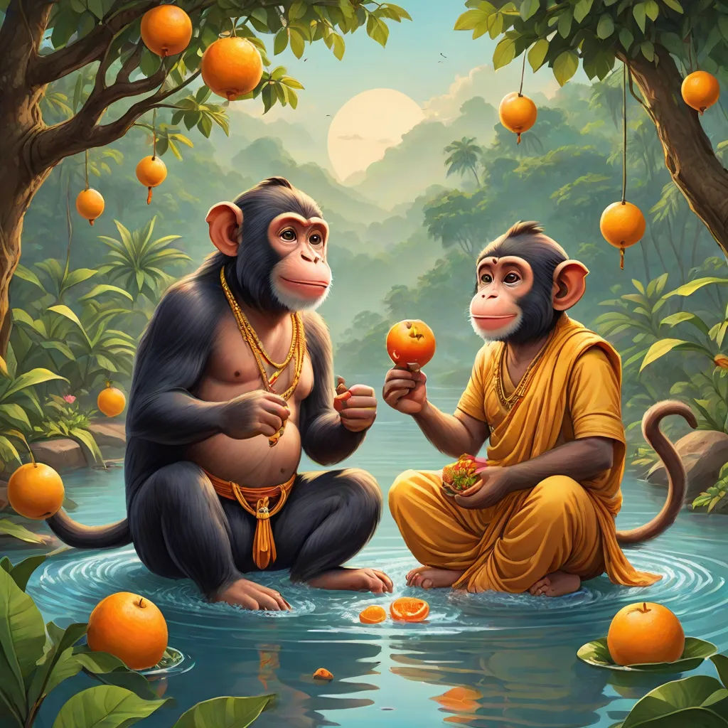 two monkeys sitting in a river eating fruit from a tree with oranges hanging from the trees behind them, pop surrealism, a fine art painting, Chris LaBrooy, orange